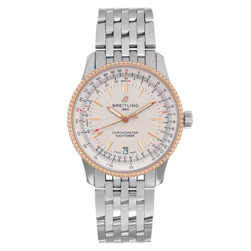 An image of a pre-owned Breitling men's wristwatch in excellent condition. The watch is showcased in a full frontal view with the camera positioned directly in front of it, capturing the entire watch face and band. The dial is silver with stick indexes and features such as a date indicator and luminous hands. It has a rose gold bezel and the case and band are made of stainless steel. The watch has a round shape and is presented against a neutral background, ensuring clear visibility of its luxury style and details.