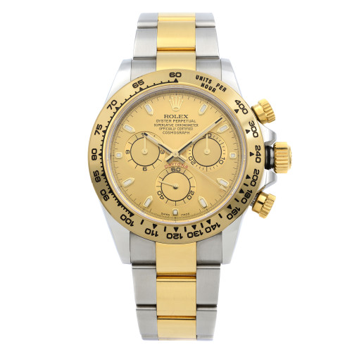 An image of a pre-owned men's luxury Rolex wristwatch captured from a front full frontal view. The round dial is champagne-colored with gold bezel, featuring a chronograph, luminous hands, and stick indexes. The watch has a stainless steel and yellow gold band, with a case also in stainless steel. It includes small seconds subdial and 12-hour dial indices. The condition is classified as good.