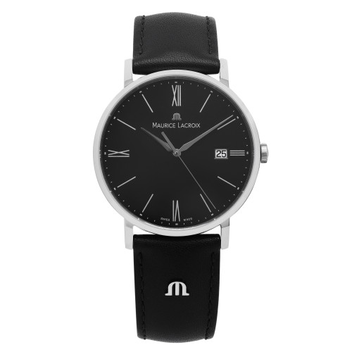 An image of a Wristwatch by Maurice Lacroix. This Unworn item is designed for Men, featuring a Casual style. It has a Quartz movement and an Analog display with a Black dial color. The indices include 12-Hour Dial,Roman Numerals,Stick Indexes. The band is made of Leather and the case is made of Stainless Steel. The watch has a Round shape with a case size of 38 mm and a case thickness of 7 mm.