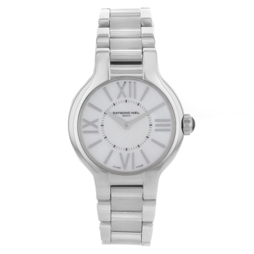 An image of a Wristwatch by RAYMOND WEIL. This Pre Owned item is designed for Women, featuring a Dress/Formal style. It has a Quartz movement and an Analog display with a White dial color. The indices include Roman Numerals, Sticks. The band is made of Stainless Steel and the case is made of Stainless Steel. The watch has a Round shape with a case size of 27 mm and a case thickness of 6 mm.