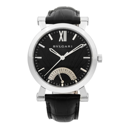 An image of a men's Bvlgari Sotirio Retrograde wristwatch in an unworn condition, viewed from a straight-on angle at a close distance. The watch features a sleek black dial with a date indicator at the bottom. It has a steel case and Roman numeral XII at the top, complemented by a black leather strap.