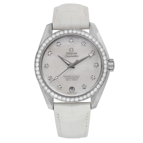 An image of a women's OMEGA Seamaster Aqua Terra wristwatch displayed upright and centered. The watch is positioned at a straight-on angle, showcasing its elegant design. It features a white leather strap and a shiny steel factory bezel adorned with diamonds. The factory dial is mother-of-pearl with diamond hour markers, and it includes a date indicator at the 6 o'clock position. The luminous hands are clearly visible, emphasizing the watch's sophisticated appearance.