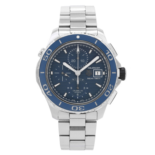 An image of a pre-owned TAG Heuer men's diver wristwatch, displayed in a front full frontal view. The watch features a round shape with a blue dial and bezel, complemented by a stainless steel band and case. It includes non-numeric hour marks and stick indexes on a 12-hour dial. Noteworthy features are the chronograph function, date indicator, and luminous hands. The watch is in good condition, showcasing its sleek and robust design.