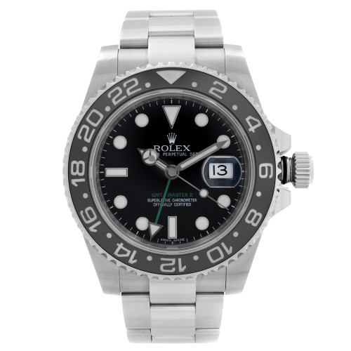 An image of a pre-owned men's luxury Rolex wristwatch, taken from a front full frontal view. The watch features a round shape with a black dial and black bezel. It includes a stainless steel band and case. Notable features include a date indicator, luminous hands, and GMT function. The watch is in good condition.