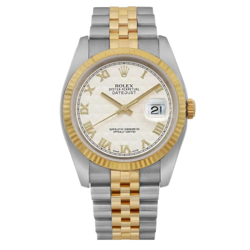 An image of a pre-owned men's luxury Rolex wristwatch in a front full frontal view. The watch features a round stainless steel case with a gold bezel. The cream-colored dial includes a date indicator. The watch is in good condition and has a two-tone metal bracelet, enhancing its elegant design.