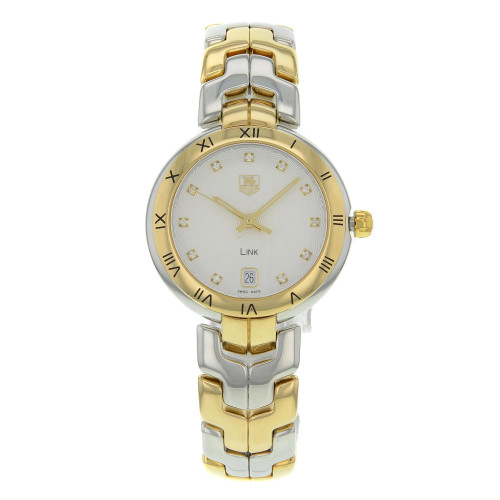 An image of a Wristwatch by TAG Heuer. This Pre Owned item is designed for Women, featuring a Luxury style. It has a Quartz movement and an Analog display with a Silver dial color. The indices include 12-Hour Dial,Diamonds. The band is made of Stainless and Solid Gold and the case is made of Stainless Steel. The watch has a Round shape with a case size of 34 mm and a case thickness of 9 mm.
