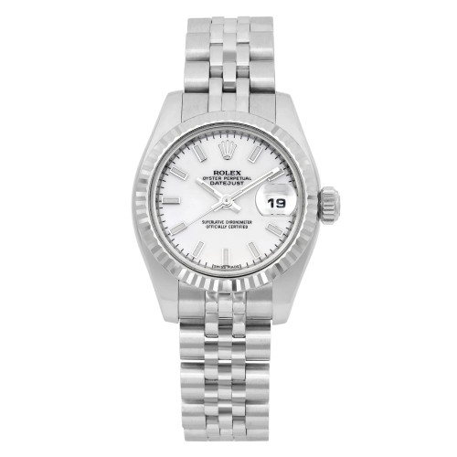 An image of a pre-owned wristwatch shown from a front full frontal view. The watch features a silver metal bracelet and a white dial with silver hour markers. The date is displayed on the right side. The overall condition appears well-maintained, highlighting its polished finish and detailed craftsmanship.