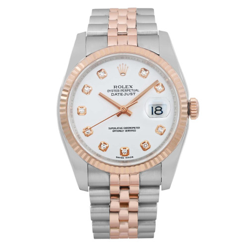 An image of a pre-owned wristwatch viewed from a front full frontal angle. The watch features a two-tone metal band with silver and rose gold links. The round face has a white dial with diamond hour markers, rose gold hands, and a date display at the 3 o'clock position. The bezel is rose gold, complementing the overall elegant design.