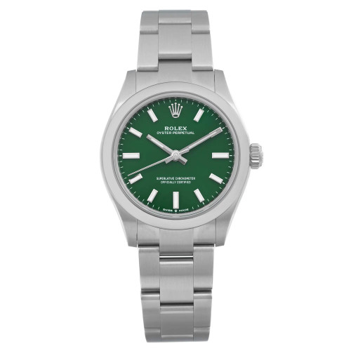 An image of a new wristwatch shown from a front full frontal view. The watch features a silver metal bracelet and a green dial with silver hour markers and hands. The brand logo is visible at the top of the dial. The image is taken at a close distance, showcasing the watch's design and details clearly.