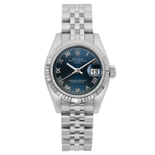 An image of a pre-owned wristwatch shown from a front full frontal view. The watch features a metallic bracelet and a dark-colored dial with Roman numerals. The date display is visible on the right side of the dial. The watch is centered in the frame, captured close-up to highlight its details.