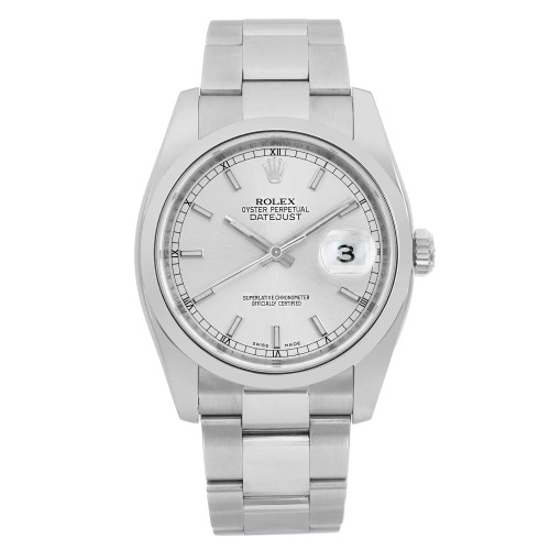 An image of a pre-owned wristwatch shown from a front full-frontal view. The watch features a metallic band and a round face with a date display. The angle and distance provide a clear and detailed view of the watch's face and band.