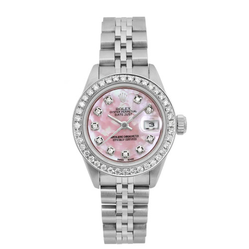 An image of a pre-owned wristwatch captured from a front full-frontal view. The watch features a metallic band and a pink dial adorned with diamond hour markers. The bezel is encrusted with additional diamonds, and the date display is visible at the 3 o'clock position. The image is taken at a close distance, highlighting the intricate details and design elements.