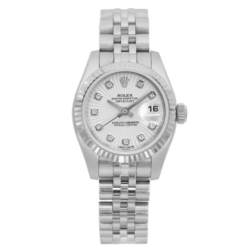 An image of a pre-owned wristwatch viewed from the front in a full frontal position. The watch features a silver-tone metal bracelet and a round face with diamond hour markers. The brand name is visible on the dial. The photograph captures the watch at a close distance, highlighting its intricate details and craftsmanship.