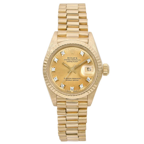 An image of a pre-owned wristwatch in a full frontal view, showcasing its dial and band. The watch features a gold-tone design with a detailed face that includes a date window and diamond-like hour markers. The metal bracelet is aligned straight, emphasizing the watch's elegant and luxurious appearance.