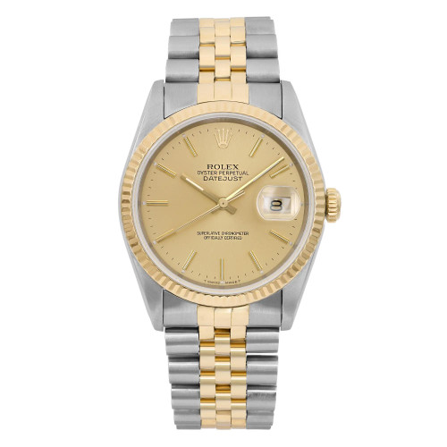 An image of a pre-owned wristwatch shown from a front full frontal view. The watch features a two-tone metal bracelet with gold and silver links. The dial is gold with gold hour markers and hands. The date window is visible on the right side of the dial. The watch is displayed at close range, capturing its intricate details clearly.