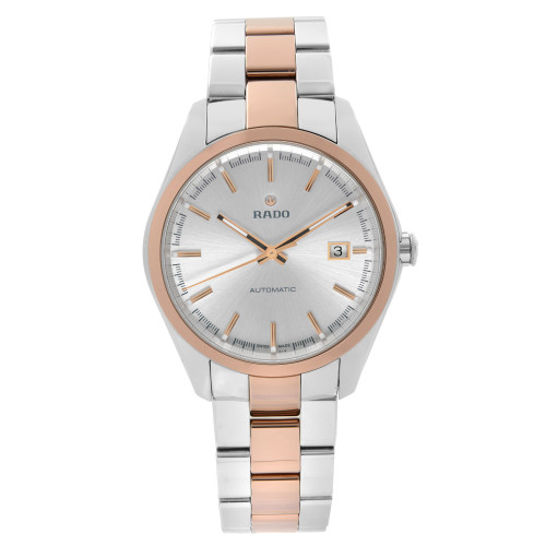 An image of a Wristwatch by Rado. This Display Model item is designed for Men, featuring a Dress/Formal style. It has a Mechanical (Automatic) movement and an Analog display with a Silver dial color. The indices include 12-Hour Dial,Non-Numeric Hour Marks. The band is made of Ceramic,Stainless Steel and the case is made of Stainless Steel. The watch has a Round shape with a case size of 40 mm and a case thickness of 12 mm.