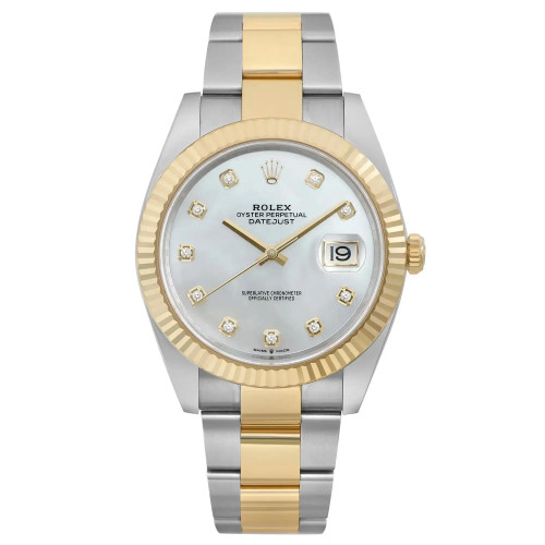 An image of a pre-owned wristwatch, captured from a full frontal view. The watch features a two-tone metal bracelet with gold and silver links. Its dial is adorned with diamond hour markers and a date window at the 3 o'clock position. The bezel is gold-toned with a fluted design, and it is photographed at a close distance, highlighting its intricate details.