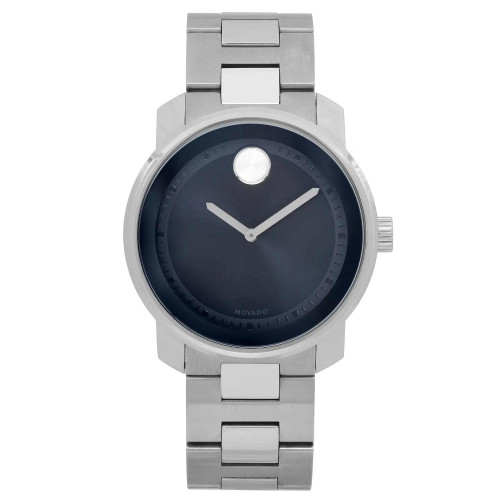 An image of a wristwatch displayed in a full frontal view. The watch features a sleek, minimalist design with a dark, circular dial and a single dot at the 12 o'clock position. The silver metallic bracelet and casing are visible, with the watch positioned directly facing the viewer, showcasing its elegant and modern aesthetic.