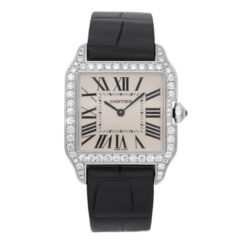 An image of a pre-owned wristwatch shown from a front full frontal view. The watch features a rectangular face with Roman numerals and elegant black hands. The bezel is adorned with small, sparkling stones. A black leather strap complements the sophisticated design. The brand name is visible on the dial.