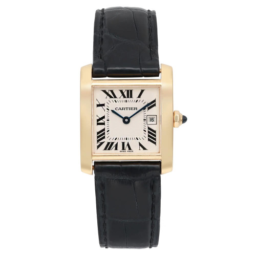An image of a pre-owned wristwatch shown from a front full frontal view. The watch features a rectangular face with Roman numerals and a date display. It has a gold-toned casing and a black leather strap. The watch displays a classic and elegant design.