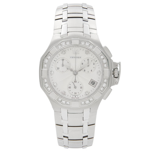 An image of a Wristwatch by Concord. This Pre Owned item is designed for Women, featuring a Dress/Formal,Luxury style. It has a Quartz movement and an Analog display with a Silver dial color. The indices include Diamonds. The band is made of Stainless Steel and the case is made of Stainless Steel. The watch has a Round shape with a case size of 33 mm and a case thickness of 10 mm.