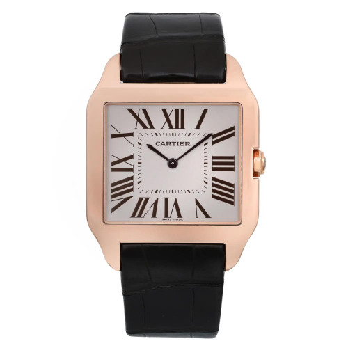 An image of a pre-owned wristwatch taken from a front full frontal view. The watch features a square face with black Roman numerals on a white dial. The case appears to be rose gold, and the watch is complemented by a black leather strap. The angle is direct, capturing the entire front of the watch, showing its details clearly.