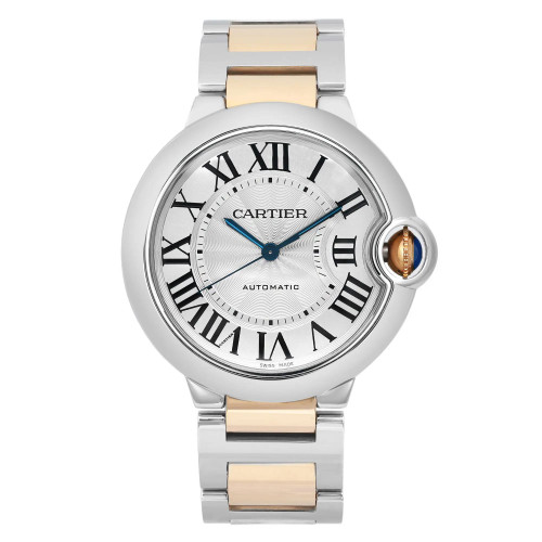 An image of a pre-owned wristwatch captured from a front full frontal view. The watch features a round silver case with black Roman numerals on a white dial. It has blue hands and a distinctive crown with a blue cabochon. The metal bracelet has alternating silver and gold links, and the image is taken at a close distance, highlighting the watch's details and condition.