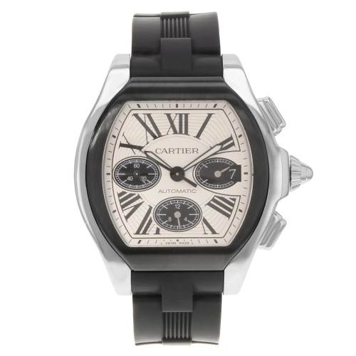 An image of a pre-owned wristwatch taken from a front full frontal view. The watch features a silver-toned case with a white dial displaying Roman numerals. It has three subdials and a black strap. The watch is positioned centrally and captured from a close distance, highlighting its design details.