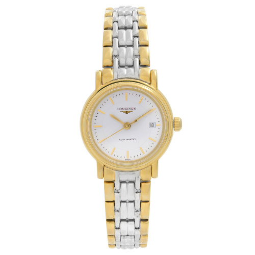 An image of a Wristwatch by Longines. This Display Model item is designed for Women, featuring a Dress/Formal style. It has a Mechanical (Automatic) movement and an Analog display with a White dial color. The indices include 12-Hour Dial,Non-Numeric Hour Marks. The band is made of Stainless Steel and the case is made of Stainless Steel. The watch has a Round shape with a case size of 25 mm and a case thickness of 8.5 mm.