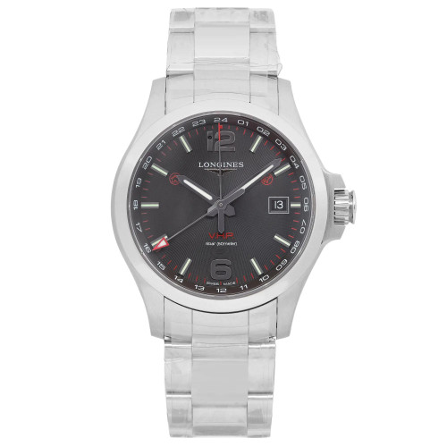 An image of a wristwatch in display condition, shown from a front full frontal view. The watch features a round face with a dark dial, silver hour markers, and hands. It has a date window on the right side. The case and bracelet are made of polished metal, and the crown is visible on the right side of the watch. The watch is centered in the frame, photographed from a close distance, highlighting its details.