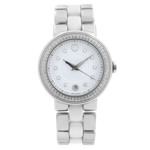An image of a Wristwatch by Movado. This Display Model item is designed for Women, featuring a Dress/Formal style. It has a Quartz movement and an Analog display with a White dial color. The indices include 12-Hour Dial,Non-Numeric Hour Marks. The band is made of Ceramic,Stainless Steel and the case is made of Stainless Steel. The watch has a Round shape with a case size of 36 mm and a case thickness of 10 mm.