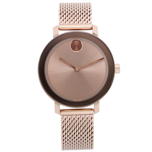 An image of a wristwatch taken from a front full frontal view. The watch features a sleek, round dial with a minimalistic design, including a single dot marker at the 12 o'clock position. The watch hands are slim and match the dial's color. It has a mesh band, and the entire piece has a uniform metallic finish. The condition is labeled as new with defects. The image is centered and closely cropped to focus on the watch's details.