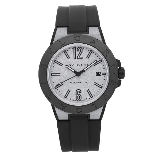 An image of a Wristwatch by BVLGARI. This Display Model item is designed for Men, featuring a Casual style. It has a Mechanical (Automatic) movement and an Analog display with a Gray dial color. The indices include 12-Hour Dial,Stick Indexes. The band is made of Rubber and the case is made of Magnesium. The watch has a Round shape with a case size of 41 mm and a case thickness of 10 mm.
