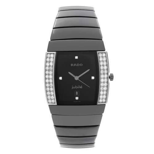An image of a Wristwatch by Rado. This Pre Owned item is designed for Women, featuring a Dress/Formal style. It has a Quartz movement and an Analog display with a Black dial color. The indices include 12-Hour Dial,Non-Numeric Hour Marks. The band is made of Ceramic and the case is made of Ceramic. The watch has a Rectangle shape with a case size of 30 mm and a case thickness of 8 mm.