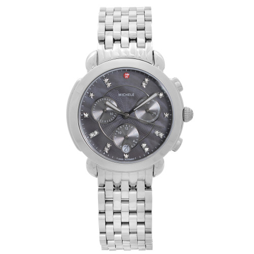 An image of a Wristwatch by MICHELE. This Pre Owned item is designed for Women, featuring a Dress/Formal style. It has a Quartz movement and an Analog display with a Gray dial color. The indices include 12-Hour Dial,Diamond Markers,Non-Numeric Hour Marks. The band is made of Stainless Steel and the case is made of Stainless Steel. The watch has a Round shape with a case size of 36 mm and a case thickness of 11 mm.
