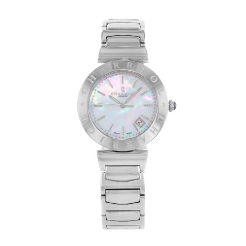 An image of a Wristwatch by Charriol. This Display Model item is designed for Women, featuring a Dress/Formal style. It has a Quartz movement and an Analog display with a White Mother Of Pearl dial color. The indices include Sticks. The band is made of Stainless Steel and the case is made of Stainless Steel. The watch has a Round shape with a case size of 34 mm and a case thickness of 8 mm.