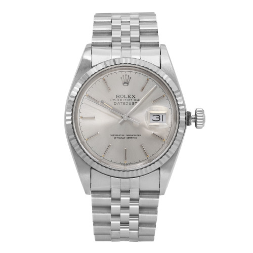 An image of a pre-owned wristwatch viewed from a front full-frontal angle. The watch features a silver dial with a date display at the three o'clock position and a silver metal bracelet. The photograph captures the watch in sharp focus, highlighting its design and detailing.