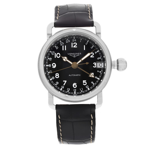 An image of a wristwatch taken from a full frontal view, showcasing the entire face and strap. The watch features a black dial with white numerals and a silver bezel. It has a black leather strap with visible stitching. The photograph is at a close distance, emphasizing the watch's details and design.