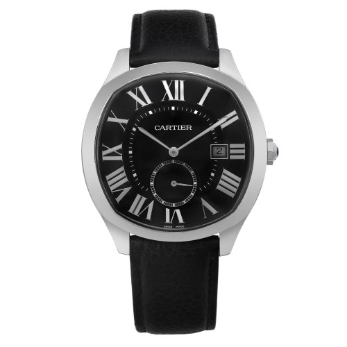 An image of a pre-owned wristwatch displayed from a front full frontal view. The watch features a black dial with silver Roman numerals and a date window. It has a black leather strap and a silver case. The photograph is taken at a straight angle, showcasing the watch's details clearly.