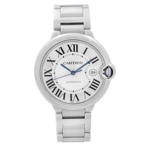 An image of a pre-owned wristwatch viewed from the front, in a full frontal position. The watch features a silver metal bracelet and a round face with Roman numerals. The brand logo is visible on the dial, and there is a small date window at the three o'clock position. The image captures the watch at a close distance, highlighting its classic design elements.