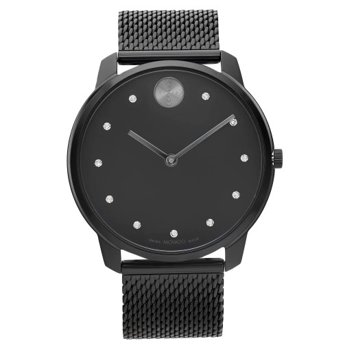 An image of a wristwatch taken from a front full-frontal view. The watch features a sleek black design with a minimalist black dial, accented by small round markers. The hands are also black, blending subtly with the dial. The strap is a textured black mesh, adding to the modern aesthetic. The watch is new, but with defects, as noted in the description.