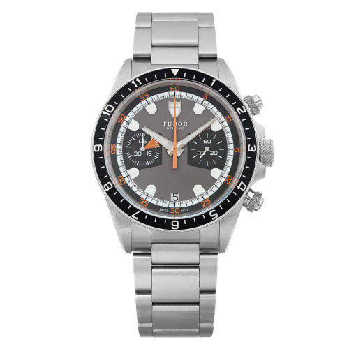 An image of a wristwatch taken from a front full frontal view. The watch is a display model with a metal bracelet and a detailed watch face featuring chronograph subdials. The watch is positioned centrally, with the entire face and bracelet clearly visible, showcasing its design elements and brand details.