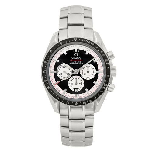 An image of a pre-owned wristwatch shown in a front full frontal view. The watch features a stainless steel bracelet and a round bezel. The dial is black with white sub-dials and markings, and three silver-tone pushers are visible on the right side. The image is taken from a close distance, focusing on the details of the watch face and bracelet.