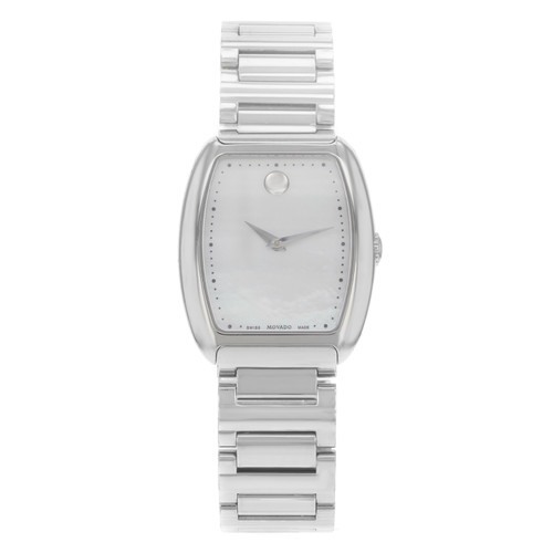 An image of a pre-owned wristwatch taken from a front full frontal view. The watch features a sleek, rectangular face with a minimalist design, including a single dot at the 12 o'clock position and simple hour and minute hands. The case and bracelet are made of polished metal, giving it a sophisticated and modern appearance. The watch is centered in the frame, showcasing its elegant design.