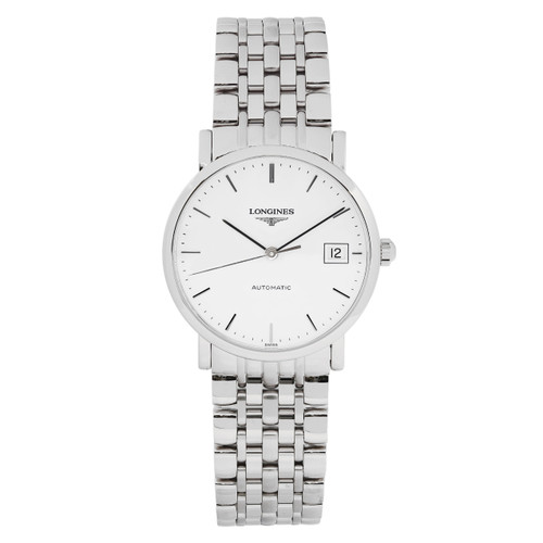 An image of a wristwatch viewed from the front in a full frontal position. The watch features a white dial with black markers and a date display at the 3 o'clock position. It has a silver metal bracelet and is a display model. The photograph is taken at a close distance, capturing the details of the watch face and bracelet.