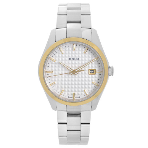 An image of a Wristwatch by Rado. This Display Model item is designed for Men, featuring a Dress/Formal style. It has a Quartz movement and an Analog display with a Silver dial color. The indices include 12-Hour Dial,Non-Numeric Hour Marks,Stick Indexes. The band is made of Ceramic,Stainless Steel and the case is made of Ceramic,Stainless Steel. The watch has a Round shape with a case size of 40 mm and a case thickness of 10 mm.