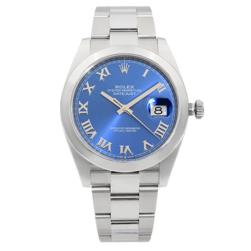 An image of a new wristwatch shown from a full frontal view. The watch features a blue dial with silver Roman numerals and hands. It has a stainless steel bracelet and a date window at the 3 o'clock position. The image is taken from a close distance, highlighting the watch's details and design.