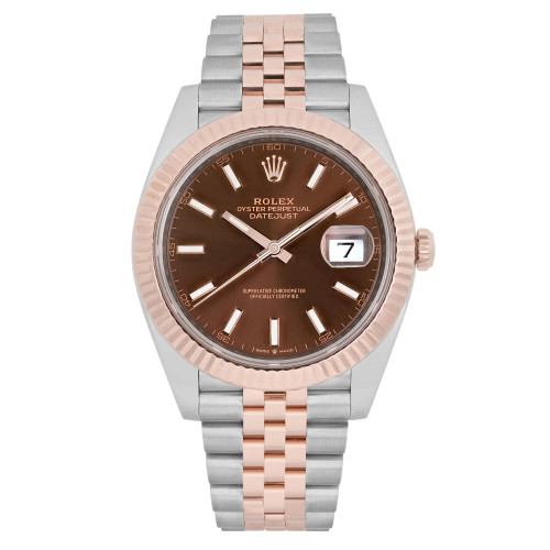 An image of a pre-owned men's Rolex Datejust 41mm wristwatch model 126331, viewed from the front at a straight angle. The watch features a chocolate dial with luminous hands and a date indicator at the 3 o'clock position. The bezel is rose gold, complementing the two-tone everose gold steel metal bracelet. The image is taken at a close distance, highlighting the watch's details and craftsmanship. 