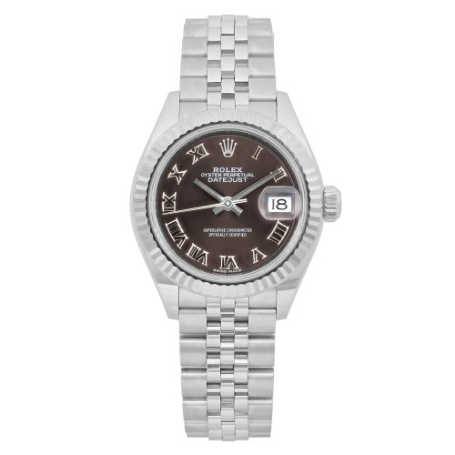 An image of a pre-owned women's Rolex Datejust 28 Gold Bezel Steel Gray Roman Dial ladies Watch 279174, positioned upright and facing forward. The watch features a stainless steel bracelet and a dark dial with Roman numerals. The date indicator is prominently displayed on the right side of the dial. The image is taken from a close-up angle, showcasing the detailed design elements of the watch.
