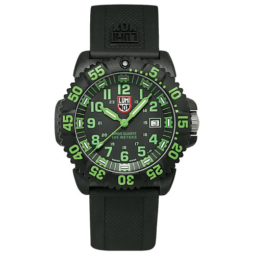 An image of a Wristwatch by Luminox. This Pre Owned item is designed for Men, featuring a Casual,Military style. It has a Quartz movement and an Analog display with a Black dial color. The indices include 12-Hour Dial,Arabic Numerals,Easy to Read/Large Numerals. The band is made of Rubber and the case is made of Carbon. The watch has a Round shape with a case size of 44 mm and a case thickness of 14 mm.